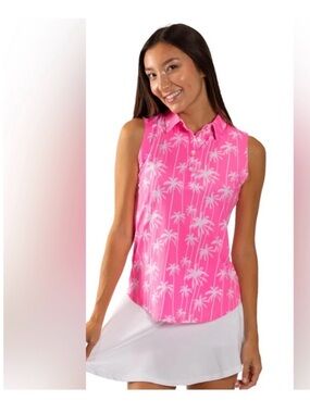 Sunday Swagger Womens Stylin’ Sleeveless Neon Pink Palm-Print Polo Small